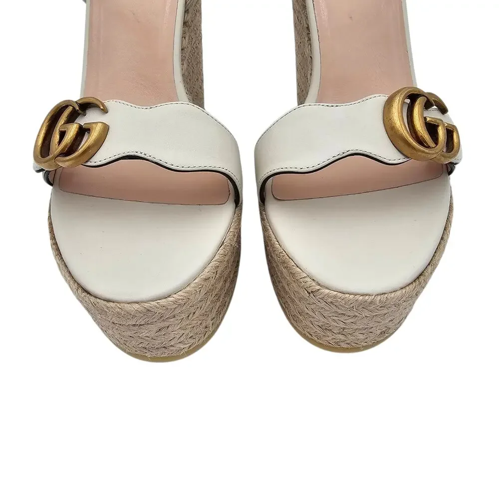Gucci GG Marmont Aitana Platform Wedge Sandal White Leather Gold Size 41 US 11